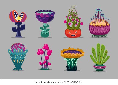 Fantasy plants collection. Ui kit with magic flowers. Environment design elements. Cartoon vector illustration.