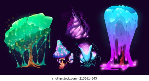 Fantasy Plants, Magic Or Alien Planet Mushrooms And Trees. Cartoon Unusual Nature Elements For Game, Fairy Tale Book, Isolated Beautiful Strange Glowing And Slimy Flowers, Vector Illustration, Set