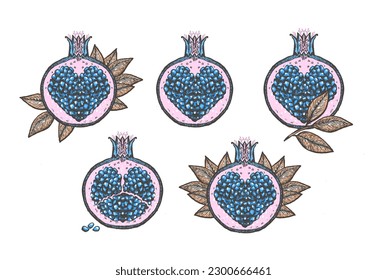 Fantasy pomegranates graphic vector illustration  hand drawn sketches  pomegranates symbols and heart shaped blue seeds inside