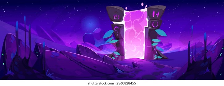 Fantasy portal - entrance to parallel reality, another dimension or level in game. Cartoon vector dream landscape with magical door made of stone glows pink from inside. Alien or wizard unreal world.