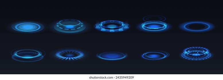 Fantasy portal podiums realistic vector illustration set. Blue glowing rings of energy 3d elements on black background. Sci-fi design template