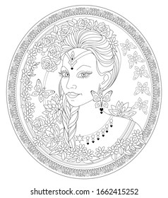 Fantasy portrait of beautiful fairy tale queen on antique medallion. Black and white page for coloring book. Modern print for fashion, beauty, embroidery, decoration. Hand-drawn vector image.