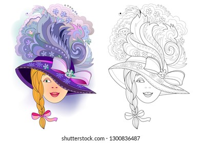 Fantasy portrait of beautiful girl with fashionable hat. Poster for headdress show. Colorful and black and white page for coloring book. Worksheet for children and adults. Vector cartoon image.