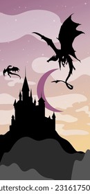 Afiche de fantasía con dragones y castillo medieval sobre el fondo de la puesta de sol. Ilustración fantástica del vector