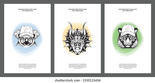 Fantasy posters, card templates kit with fashion animals. Outlines elements with color- shapes on white background