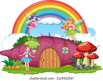 Fantasy potato house with rainbow in the sky  illustration