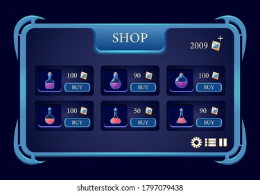 Fantasy potion bottle shop pop up interface for RPG games vector illustration