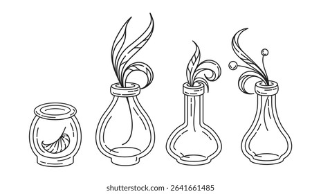 Fantasy potion bottles and jar with herbs and berries whimsical vector line art for stickers, planners, and magical designs