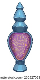 Fantasy potion, magic elixir. Glass bulb with celestial liquid. Halloween vector illustration in modern style. Witchcraft item doodle isolated on white background..