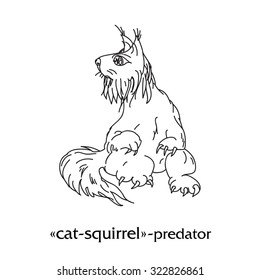 Fantasy predator doodling outline cat-squirrel. Vector illustration.