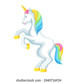 Fantasy pretty white unicorn with colorful mane. Cartoon illustration.