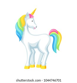 Fantasy pretty white unicorn with colorful mane. Cartoon illustration.