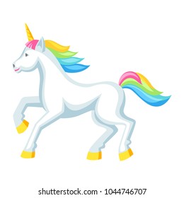 Fantasy pretty white unicorn with colorful mane. Cartoon illustration.