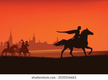 príncipe de fantasia e grupo de guardas cavaleiros medievais montando cavalos no campo com silhueta do castelo da cidade no fundo - vetor idade média cena do pôr do sol