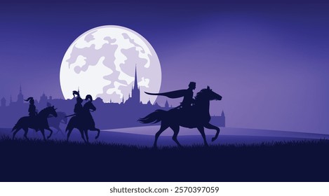 fantasy prince and group of medieval knight guards riding horses in the field with castle city silhouette in the background - vector middle ages night scene with full moon