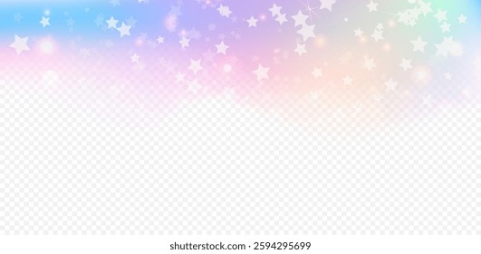 Fantasy princess background with stars, lights and glow. Vanilla sky. Kawaii unicorn wallpaper on hologram backdrop with fantasy glares. Premium vector.