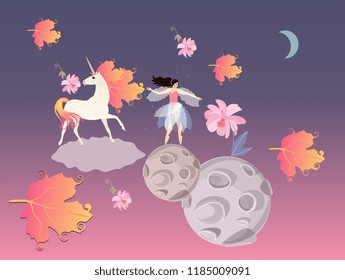 Fantasy print. Unicorn with mane in form of viburnum leaves, fairy ballerina, pink flowers, cloud, moon and planets on the background of sunset sky in vector. Autumn design.