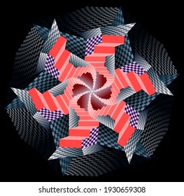 Fantasy psychedelic illustration. Ornament of stylized stairs twisting into spiral. Abstract pattern of checkerboard shapes done in kaleidoscopic style. Printable mandala on black background.