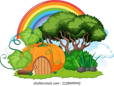 Fantasy pumpkin with rainbow in the sky  illustration