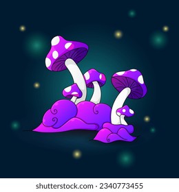 fantasy purple mushroom illustration. stars, clouds. colorful, beautiful concept