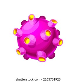 Fantasy purple planet with yellow fangs isolated cartoon globe with thorns, far alien world isolated. Vector globe sphere, habitable place in outer space atmosphere, fantastic fiction exoplanet