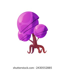 Fantasy purple tree on wooden trunk from alien world. Cartoon isolated vector illustration of magic forest plant with strange glowing crowns. Fairytale flora game asset