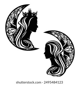 fantasy queen or sorceress woman with long hair and crescent moon - night time fairy tale princess  black and white vector silhouette portrait