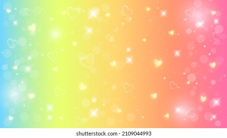 Fantasy rainbow background. Pattern in pastel colors. Sky with stars and hearts. Vector