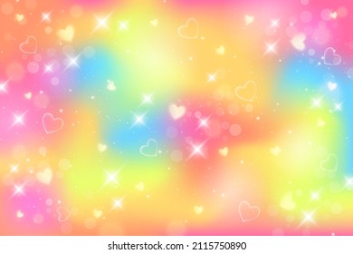 Fantasy Rainbow Background. Pattern In Pastel Colors. Sky With Stars And Hearts. Vector