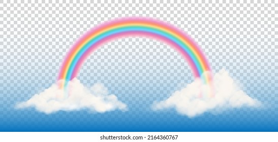 Fantasy rainbow with clouds on transparent background. Arched realistic spectrum. Vector.