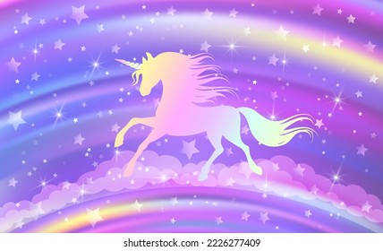 Fantasy rainbow purple sky in sparkling stars   unicorn for design  Vector illustration for children 