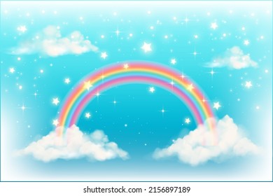 Fantasy rainbow unicorn background with clouds on blue sky. Magical landscape, abstract fabulous wallpaper with stars and sparkles. Arched realistic spectrum. Vector.