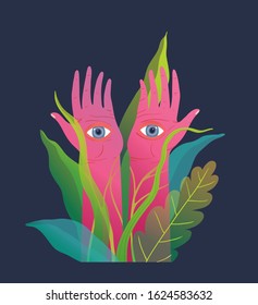 Fantasy raised pink arms and hands with eyes on palms, mysterious and spiritual poster design. Esoteric oriental sacred and mysterious hands with watching eyes, surreal t shirt print design. 