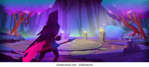 Fantasy ranger or warrior in cape with spear in night magic forest landscape with stone altar or portal under neon purple glowing trees. Fairy tale book or game personage, Cartoon vector illustration