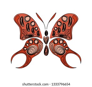 Fantasy red butterfly. Babobchka-style paper quilling. Design element