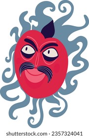 Fantasy Red demon with a creepy face. Vibrant bright Strange ugly Halloween character