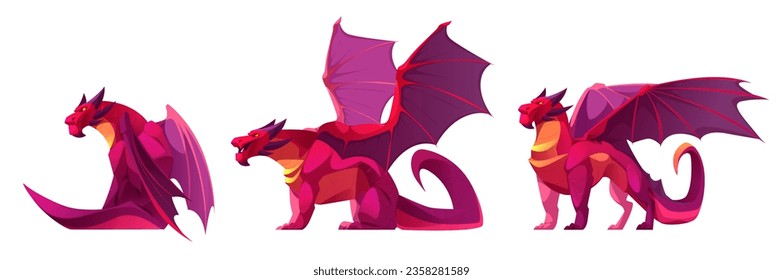 Fantasy red dragon - adult imaginary fairy tale or game cartoon character with wings and long tail looking forward. Vector illustration set of mythical medieval scary animal in various poses.