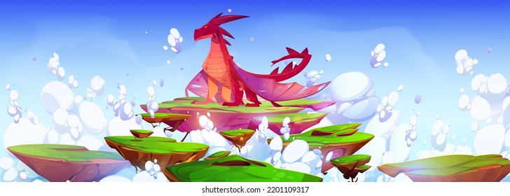 Fantasy red dragon on floating islands. Fairy tale magic monster, medieval mythology beast with wings on ground pieces of summer landscape flying in sky with white clouds, vector cartoon illustration