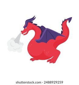 Fantasy red dragon with purple wings and steam, fairytale creature of medieval kingdom vector illustration