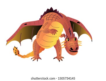 Fantasy red dragon that looks curiously. Vector character isolated on white background.