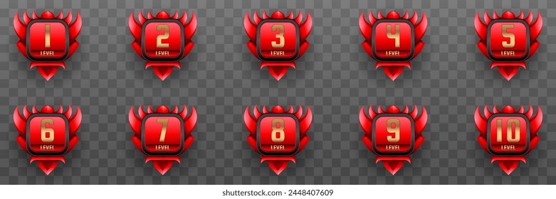 Fantasía Rojo y Oro Juego Temático GUI Level Up Insignias para Diseños de la interfaz de juego