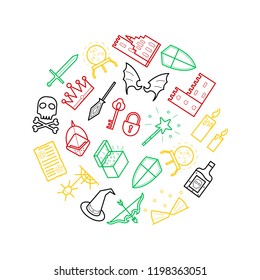 Fantasy Related Signs Thin Line Round Design Template Ad Include of Sword, Crown, Hat, Wing, Treasure and Potion. Vector illustration