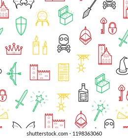 Fantasy Related Signs Thin Line Icon Seamless Pattern Background on a White Include of Sword, Crown, Hat, Wing, Treasure and Potion. Vector illustration