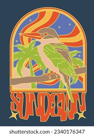 fantasy resort capsule bird tropical palm sunset vacation holiday festival t-shirt graphic placement print vector artwork