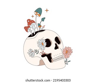 Calavera hippie retro de fantasía con hongos y flores al estilo de los años 70. Resumen de arte psicodélico de Halloween. Papel tapizado estotérico. Cabeza de esqueleto de vacaciones de época. Diseño de vectores para la impresión de camisetas