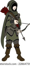 Fantasy Rogue Archer in cloak with bow and arrow