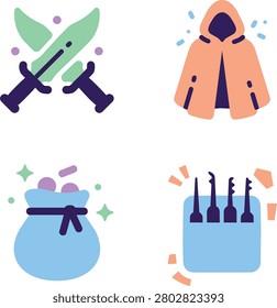 Fantasy Rogue Class Items Vector Icons with Daggers Cloak and Loot
