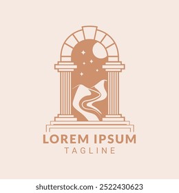 Fantasy roman arch portal into the desert night logo concept. Vector logo template for branding companies in literature, coach, architecture, fantasy and more