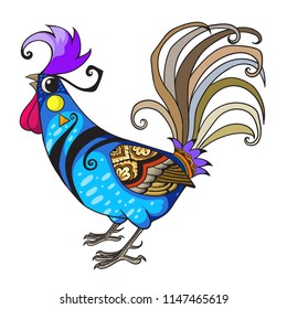 The fantasy rooster. Hand drawn illustration. For books illustration,background, decoration, pattern, animals illustration.