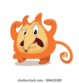 Fantasy, round and cute character with ears and long nose, reminiscent of a red fox vs dog. Angry, furious and irritated facial expression. Isolated.